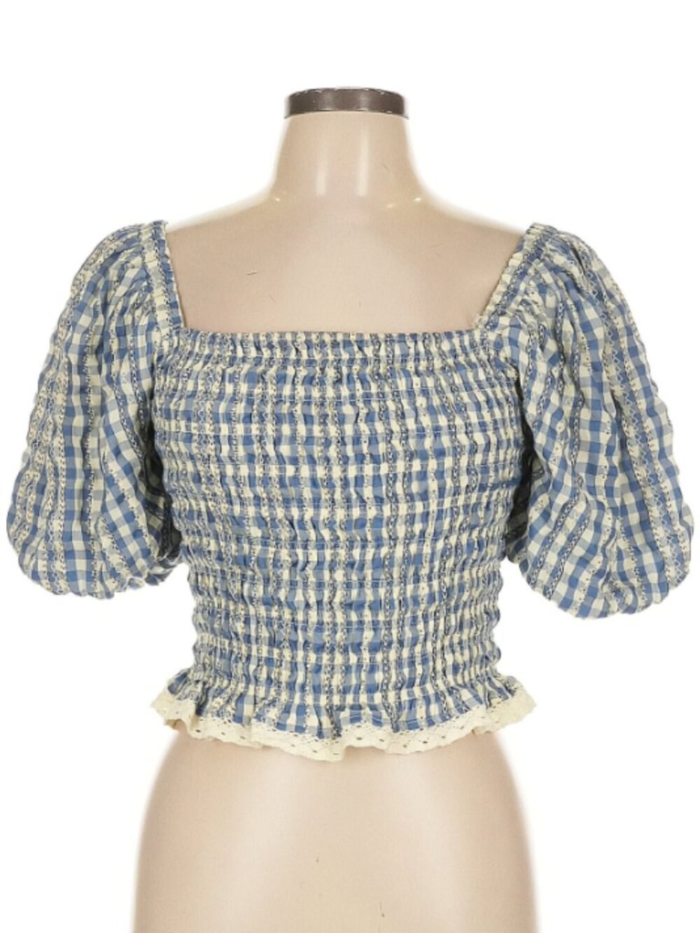 NWOT English Factory Blue Gingham Smocked Blouse with Floral and Lace Details